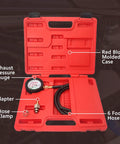 Back Pressure Exhaust Tester Gauge For Cars With A Six Foot Hose Pro Grade Catalytic Converter Diagnostic Tool To Diagnose Exhaust System Backpressure And Catback Performance Easy Idle Testing And Troubleshooting in red blow-molded case