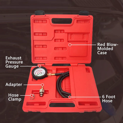 Back Pressure Exhaust Tester Gauge For Cars With A Six Foot Hose Pro Grade Catalytic Converter Diagnostic Tool To Diagnose Exhaust System Backpressure And Catback Performance Easy Idle Testing And Troubleshooting in red blow-molded case