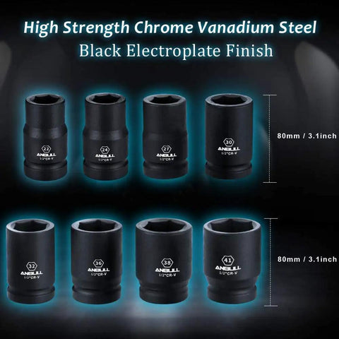 1 Inch Drive Jumbo Impact Socket Set With Heavy Duty Storage Case, 9 Piece Deep Hex Sockets, Cr-V Steel, 80mm size label
