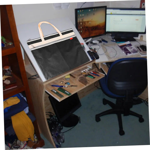 All In One Art Storage Pouch With Zipper File Bag on artist's desk for school and office use, Oxford fabric with durable handles.