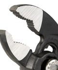 Close-up of 3 Piece Quick Adjust Klaw Pump Pliers jaw with V-shaped hardened teeth for maximum torque, compact steel build visible.