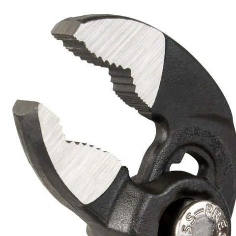 Close-up of 3 Piece Quick Adjust Klaw Pump Pliers jaw with V-shaped hardened teeth for maximum torque, compact steel build visible.