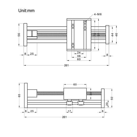 Technical drawing of 150mm Travel Length Linear Rail Guide Ballscrew SFU1605 With NEMA17 Stepper Motor dimensions in mm