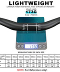 Carbon Mountain Bike Handlebar 31.8mm Riser 620mm Length UD Matte on scale weighing 173g, lightweight design and dimensions chart.