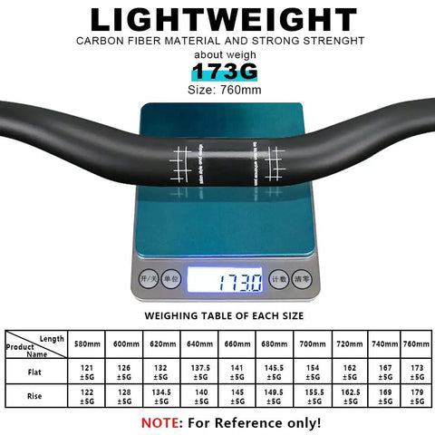 Carbon Mountain Bike Handlebar 31.8mm Riser 620mm Length UD Matte on scale weighing 173g, lightweight design and dimensions chart.