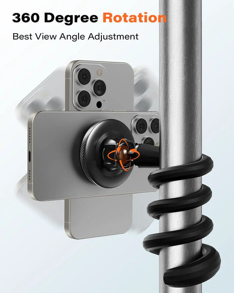 Flexible Gooseneck MagSafe Phone Holder for iPhone attached to metal pole with 360 degree rotation for gym and home workouts