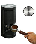 Automatic Coffee Tamper Machine With Constant Pressure And Adjustable Timing For Perfect Espresso Shots in use with portafilter.