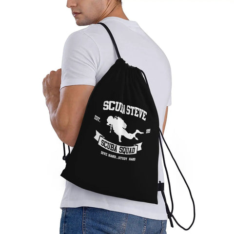 Scuba Steve Scuba Squa Drawstring Gym Bag With Water Resistant 210D Polyester Lightweight Durable Sport Sack on man's back