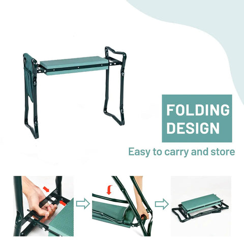 2-In-1 Garden Kneeler And Seat With EVA Foam Kneeling Pad And Removable Tool Pouch, foldable steel frame, shown in use