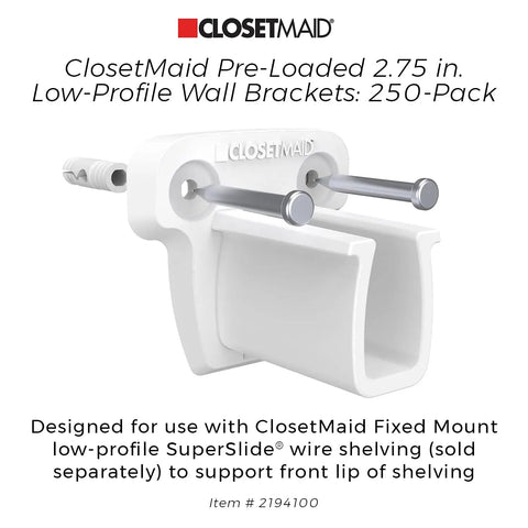 Low-Profile Wire Shelf Brackets with Anchors, 2.75-Inch, 250-Pack for Closet, Garage, and Pantry Shelving, Easy Install