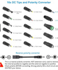 Universal Adjustable Power Supply 3.5V To 24V 3A 72W DC Adapter with 16 tips, polarity converter, and cable connections.