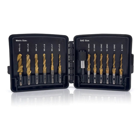 Open case of Three In One Drill And Tap Bit Set With Quick Change Adapter Titanium Coated 6 Pc SAE And 6 Pc Metric on display.