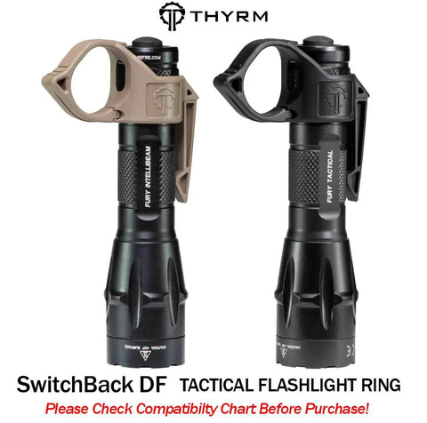 Two Switchback DF Flashlight Rings for SureFire Dual Fuel Tactical Lights showing black and tan color, made in USA.