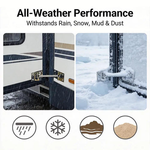 Built Tough 304 Stainless RV Door Holder And Hold Open Latch For Trailers 4 Inch in rain and snow, rust resistant weatherproof use