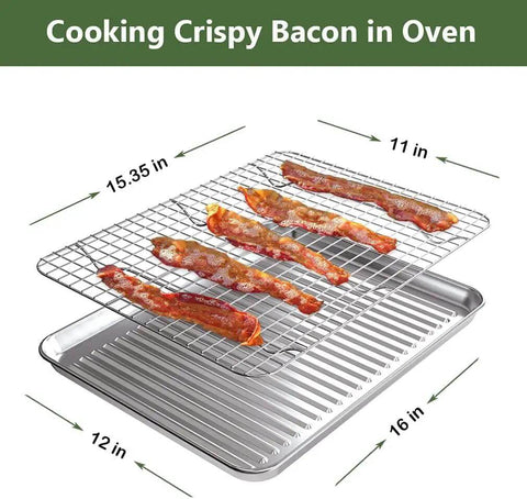 Sturdy Stainless Steel Baking Sheet With Rack Set, 2 Pans And 2 Racks, Nonstick, rust free, warp resistant, for baking bacon, 16x12 in.