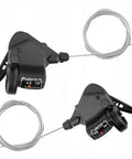 Pair 3x8 9 10 Speed Bike Shifters Left And Right Thumb Gear Shifters For Mountain Road MTB BMX And Fixie Cycling With Ergonomic Levers Easy Install 1800mm Left Cable And 2100mm Right Cable displays with coiled cables.