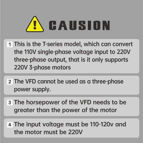 Caution notice for 110V to 220V Variable Frequency Drive for 3 phase motors with single phase input