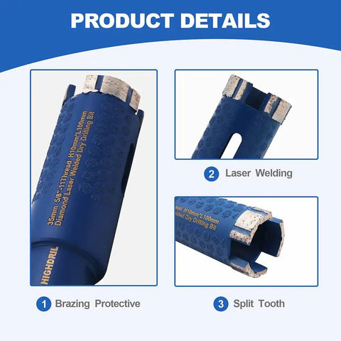 Diamond Core Drill Bits One And Three Eighths Inch 35mm Dry Hole Saw with side protection details including brazing and split tooth.