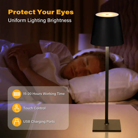 Black Cordless LED Desk Lamp With 5000mAh Battery beside sleeping man in bedroom for cordless lighting
