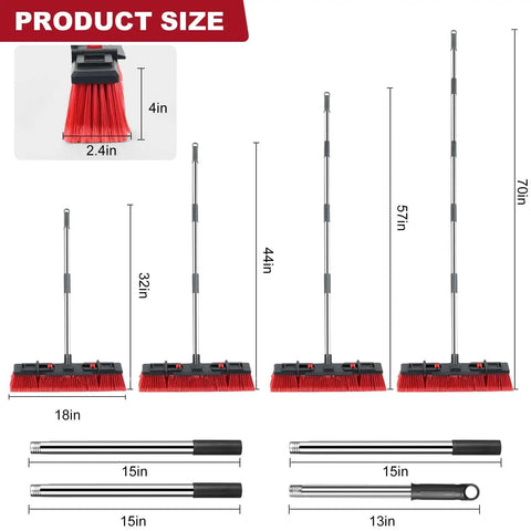 Product size chart of Heavy Duty Push Broom With 70 Inch Extendable Handle For Outdoor Garage Driveway And Sidewalk Cleaning Industrial Grade Sweep Tool For Tough Debris And Commercial Use, showing dimensions and adjustable handle sizes from 32 to 70 inches with an 18-inch head.