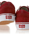 Back view of Vans shoes in red suede with white accents and logo tag, showcasing style and comfort.