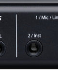 Front view of Ultra Compact USB C 2x2 Audio Interface, showing input and output ports for microphones and instruments.