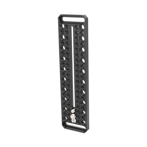 Rugged 8 Inch Cheese Camera Mounting Plate Built From Durable Aluminum With Rock Solid Threads And Quick Drop In Setup For Killer Videos You Sure Will Dig, showing a black aluminum plate with holes.