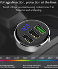 Top Shelf Three USB Car Charger With Live Voltage Meter For Quick 12V And 24V Ride Power Straight Up Fast Charging Hub showing three USB ports and voltage display.