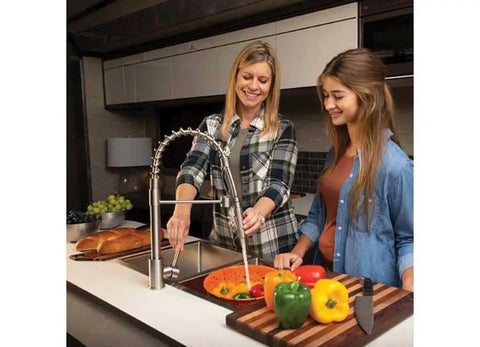 Two women using a Heavy Duty Flow Max RV Water Pump With 50 PSI Pressure and 3 GPM Flow in a modern kitchen.