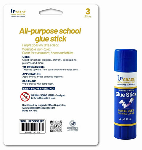 Purple Glue Sticks 22g Pack Of 3 For Office And School Projects Goes On Purple Dries Clear packaging and open glue stick