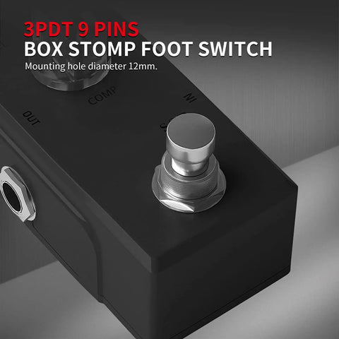 Close-up of 3PDT 9-pin footswitch on a guitar pedal, part of 14 Piece 3PDT Guitar Effect Pedal Footswitch Kit With 9 Pin Latching Stomp Push Button True Bypass Solder Lugs Built For DIY Pedals And Boutique Gearheads Road Ready 6A 125VAC 4A 30VDC