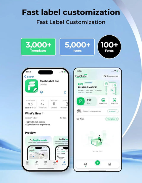 Bluetooth Thermal Label Printer For 4x6 Shipping Labels With Dual USB And Bluetooth Connectivity Compatible With iOS Android Windows Mac Your Go To Tool For Amazon eBay Shopify USPS UPS Etsy Small Business interface showing mobile app screen with templates, icons, and fonts options.