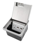 Smooth Operator Recessed Floor Outlet Kit with Flat Concealed Electrical Receptacle in Sleek Silver Tone, open view of stainless receptacle and ports.