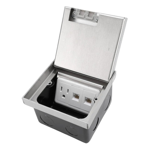 Smooth Operator Recessed Floor Outlet Kit with Flat Concealed Electrical Receptacle in Sleek Silver Tone with open lid showing outlets.