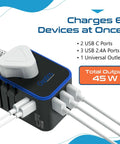 Universal Travel Adapter With PD And QC 3.0 45W, Dual USB C And 3 USB Ports, charging multiple devices with cables