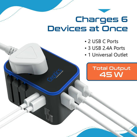 Universal Travel Adapter With PD And QC 3.0 45W, Dual USB C And 3 USB Ports, charging multiple devices with cables