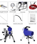 Shop Ready Airless Paint Sprayer With 2500 Watt Motor Handles One Gallon Flow Features 32 Foot Hose Smooth Coverage Cuts Overspray By 55 Percent Includes W621 Tip Plus Extension Bar For Zero Hassle Interior And Exterior Painting Work, showing spray gun, pressure gauge, high-pressure tube, extension bar, and addition parts.