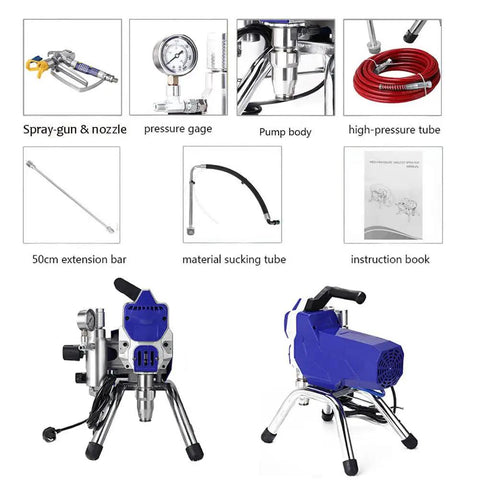 Shop Ready Airless Paint Sprayer With 2500 Watt Motor Handles One Gallon Flow Features 32 Foot Hose Smooth Coverage Cuts Overspray By 55 Percent Includes W621 Tip Plus Extension Bar For Zero Hassle Interior And Exterior Painting Work, showing spray gun, pressure gauge, high-pressure tube, extension bar, and addition parts.