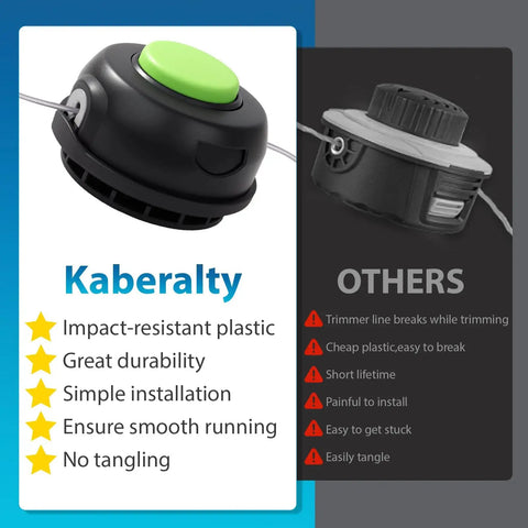 Comparison of Kaberalty and other trimmer heads showing features of Replacement Trimmer Head For Greenworks String Trimmer Pro Grade.