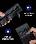 Person using Newest 51 In 1 Mini Cordless Precision Screwdriver Kit With S2 Steel Magnetic Bits, showing anti-drop and pop-up features.