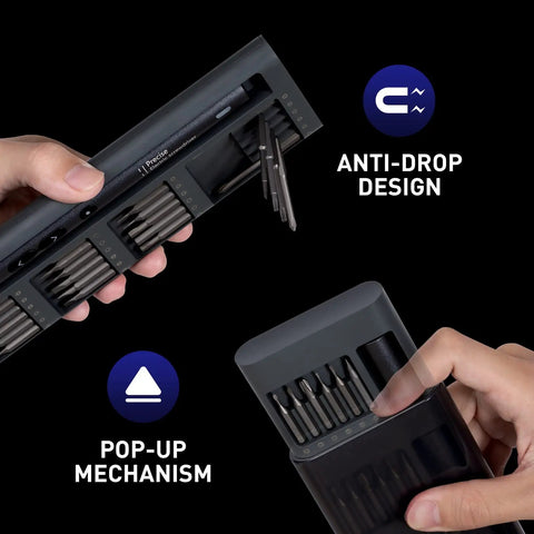 Person using Newest 51 In 1 Mini Cordless Precision Screwdriver Kit With S2 Steel Magnetic Bits, showing anti-drop and pop-up features.