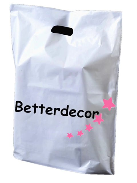 White plastic bag with handle, brand name 'Betterdecor' in black, and pink stars decoration.