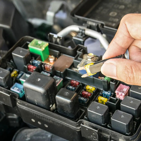 Hand using puller tool to remove a mini blade fuse from a car's fuse box, part of 300 Pcs Zinc Alloy Mini Standard And Low Profile Car Blade Fuse Assortment Kit With Puller Tool For Cars Trucks RVs And Motorcycles DIY Friendly Auto Electrical Replacement Fuses