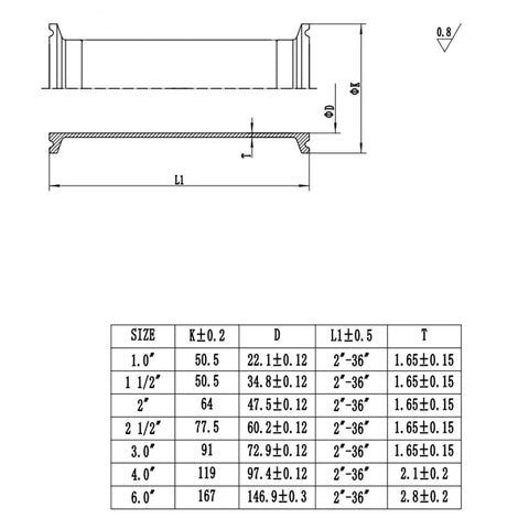 2 in OD sanitary tri-clamp spool tube, side view, 304 stainless steel, 6 in long.