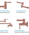 Rose Gold Pot Filler Faucet Wall Mount With Folding Extendable Arm And Double Joint Swing Stainless Steel Build details