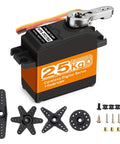 Hiwonder 25KG Servo Motor Waterproof High Torque Servo, parts and accessories displayed with servo horn, black and orange design