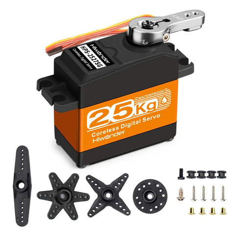 Hiwonder 25KG Servo Motor Waterproof High Torque Servo, parts and accessories displayed with servo horn, black and orange design