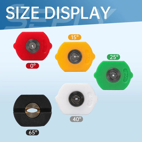 Size display of Five Pack Pressure Washer Nozzle Tips With 1 Quarter Inch Quick Connect, showing 0°, 15°, 25°, 40°, 65° tips