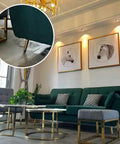 Living room with green sofa featuring Golden Metal Sofa Legs Set 4 Beefy Adjustable Cone Furniture Feet for TVs and tables.