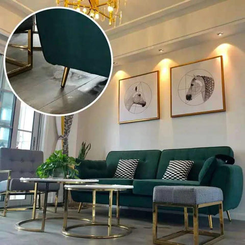 Living room with green sofa featuring Golden Metal Sofa Legs Set 4 Beefy Adjustable Cone Furniture Feet for TVs and tables.